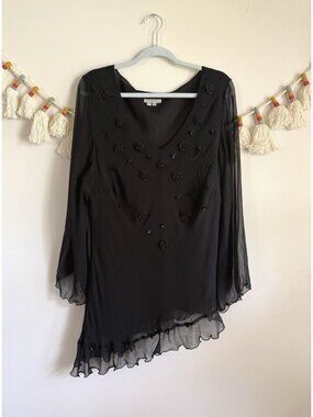 I.c.e. 100% Silk Black Sequin Embellish Semi Sheer Top Whimsical Fairy Y2K 3x